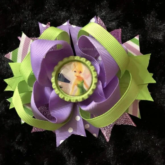 "Tinkerbell" Bottle Cap Image Deluxe Bow  -kids-(2) 5B2085 Handmade NWT Boutique - Picture 3 of 3